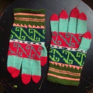 Bright Colorful Tribal Dopamine Red Green Knit Gloves